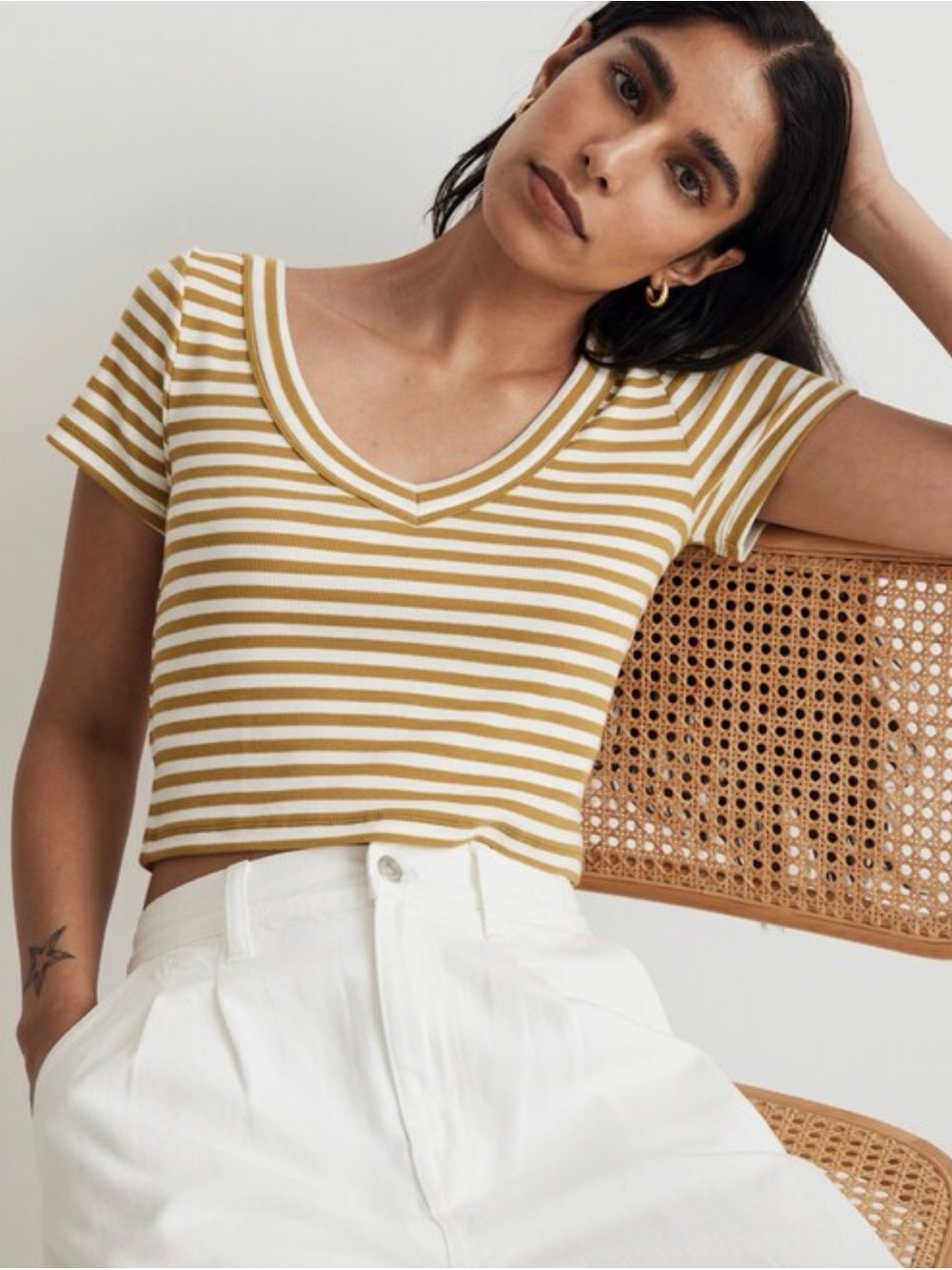 Madewell | Brightside Striped V-Neck Crop Tee in Citrus Lime, M